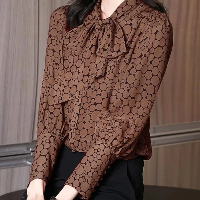 2024Spring and Autumn New Arrivals Coffee Bow Circular Dots Long Sleeve High-end Chiffon Shirt Fashion All-match Pullovers Tops