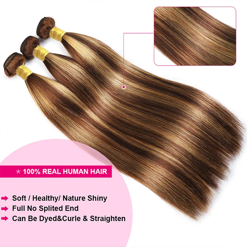 3/4 PCS Highlight Piano Color Silky Straight Virgin Human Hair Bundles With 4x4 Free Part Lace Closure In One Set 65g/PC