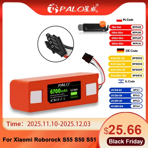 6700mAh 14.4V Robotic Vacuum Cleaner Replacement Battery for Xiaomi Roborock S55 S60 S65 S50 S51 S5 MAX S6 Parts