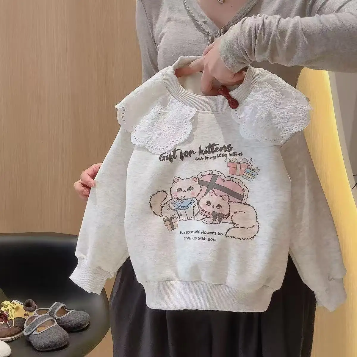 2026 Autumn Baby Girl Lace Collar Sweatshirt Outfit Toddler Lovely Cat Print+Jogger Pants 2Pcs/Sets Kid Clothes Casual Tracksuit
