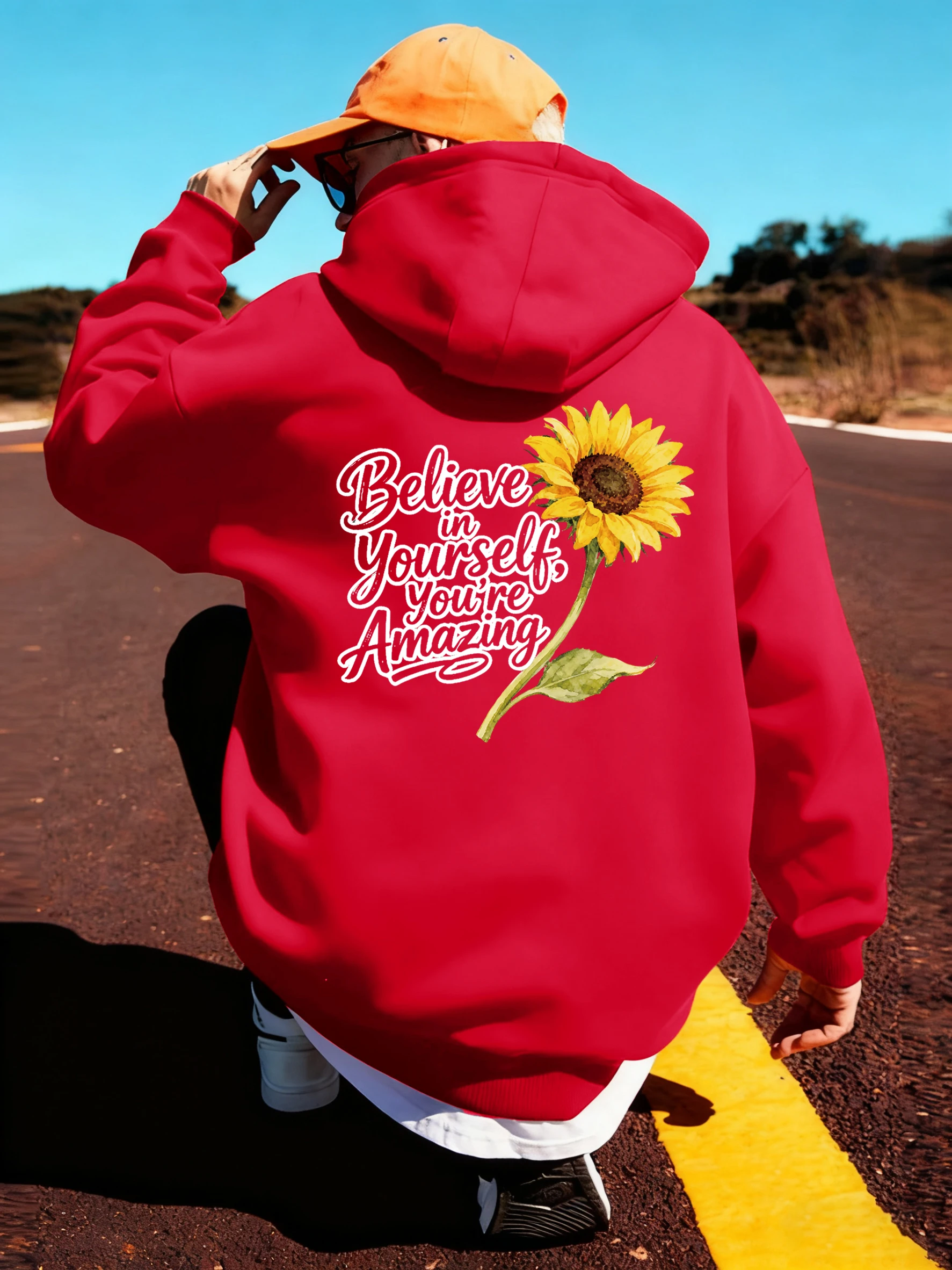 

Мужская толстовка с принтом Sunflower Believe In Yourself, свободная толстовка с карманом, флисовая уличная одежда в стиле хип-хоп, универсальные осенние пуловеры