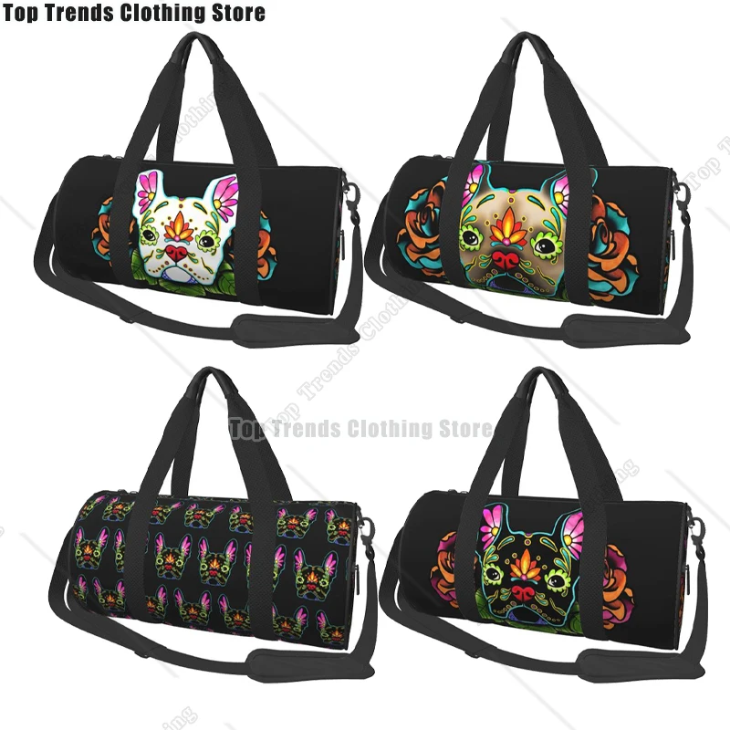 

День мертвых Французский бульдог в белом сахарном черепе Собака Дорожные сумки Мужская сумка для фитнеса Цилиндрическая сумка на плечо Женская большая