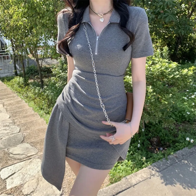 Baddie Style Polo Collar Asymmetric Mini Dress Summer Fall Figure-Flattering A-Line Short Dress Polo Collar Trendy Bodycon Dress