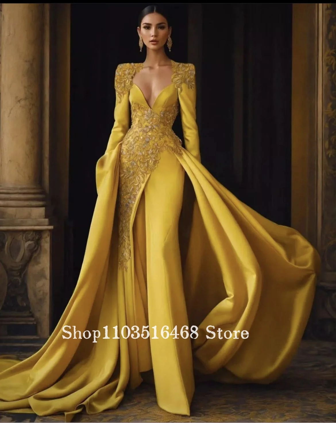 

Turmeric Jumpsuit Evening Dress with Deep V Neckline Heavy Floral Embroidery and Detachable Long Train Red Carpet Customised