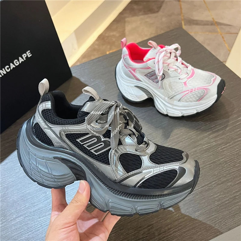 Luxury Designer Chunky Heel Platform Sneakers Mixed Color Unisex Shoes All Match Increasing Runway Casual Trainers Cool Boy New