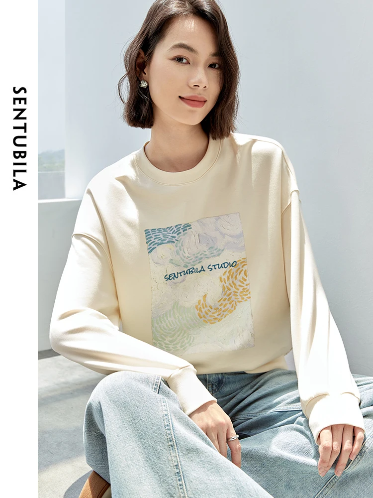 SENTUBILA Embroidery Screw Thread Cotton Sweatshirt Women 2024 Autumn Casual Loose O Neck Print Pullover Sweatshirt 143A56382