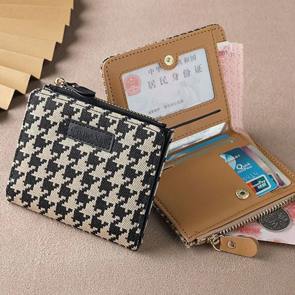 Korean Style Retro Houndstooth Short Wallet PU Leather Card Bag Female Multi-card Slot Credit Card Bag Small Zipper Coin Purse