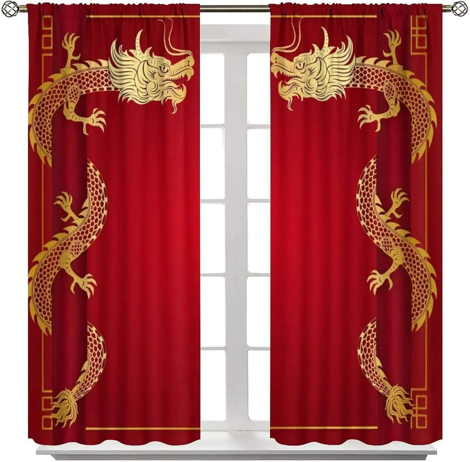 Luxurious Red Dragon Chinese Style Curtain Pair Polyester Fabric Drapery for Bedroom Living Room Oriental Asian Home Decor Windo