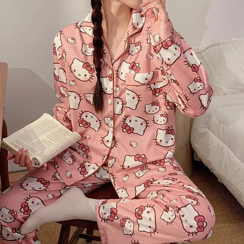 Miniso Kuromi Girl Leisure Time Flip Collar Pajama Set Spring and Autumn Kawaii Hello Kitty Comic Fashion Cardigan Leisure Wear