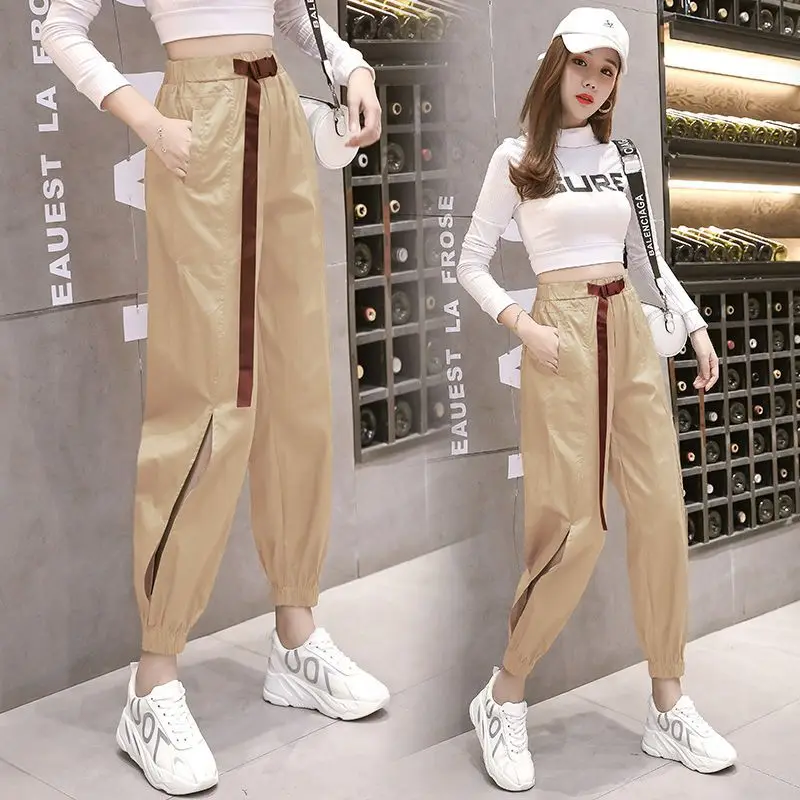 

Streetwear Spring Summer Cargo Pants Women Leisure Solid Color Elastic Waist Ankle Length Casual Women's Pants With Lace-up A72