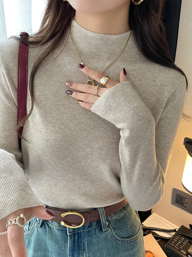 

Women Knitted Pullovers Half High Collar Sweater Women Fashion 2025 New Tops Long Sleeve Bottoming Knitted Sweater