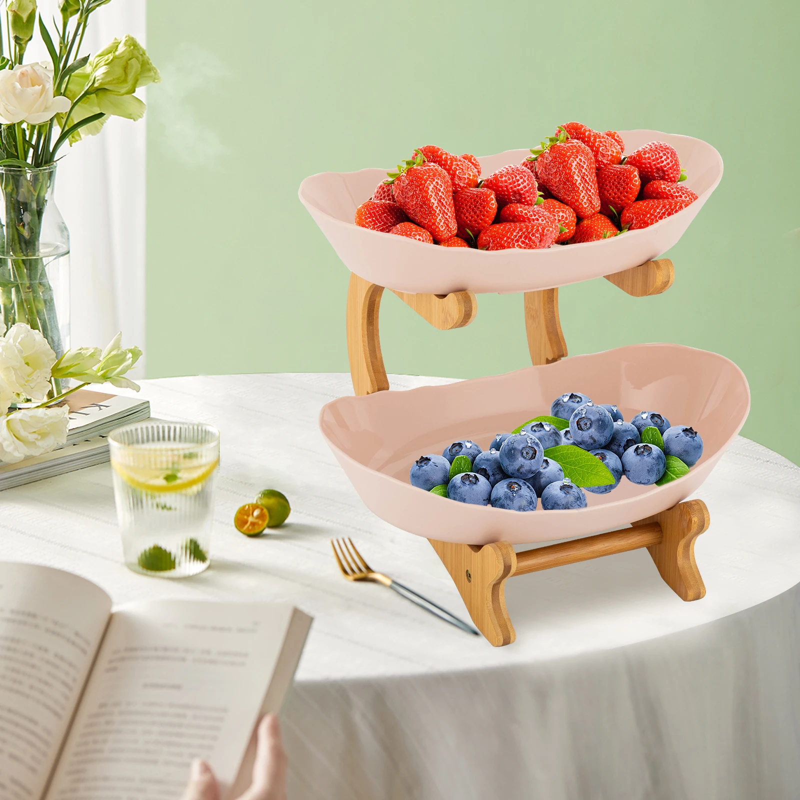 2 Tier Fruit Bowl Stand with Bamboo Frame, Dual PP Serving Trays, 10.2x7.4 Inch Fruit Serving Tray, Detachable Fruit Basket