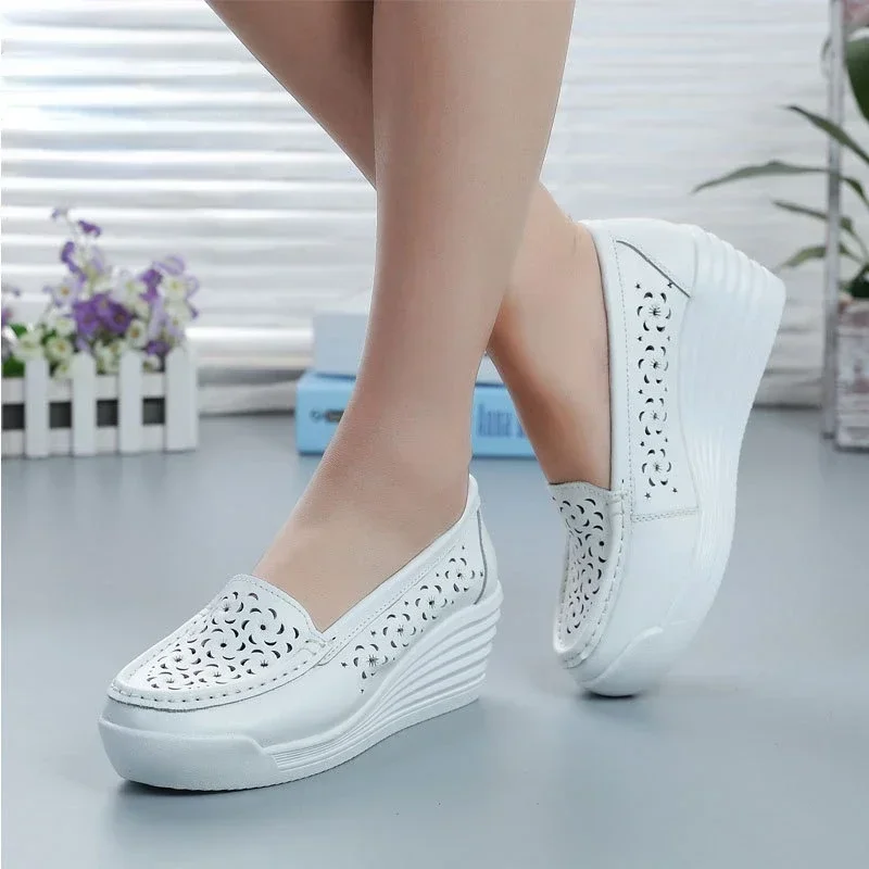 Women Wedge Platform Shoes Fashion Comfortable Increase Casual Slip-on Women\'s Loafers Summer Hollow Out Breathable Shoes 2024