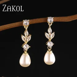 ZAKOL Fashion Marquise Cut Cubic Zircon Dangle Earrings for Women Imitation Pearl Leaf Wedding Jewelry Factory Price FSEP2179