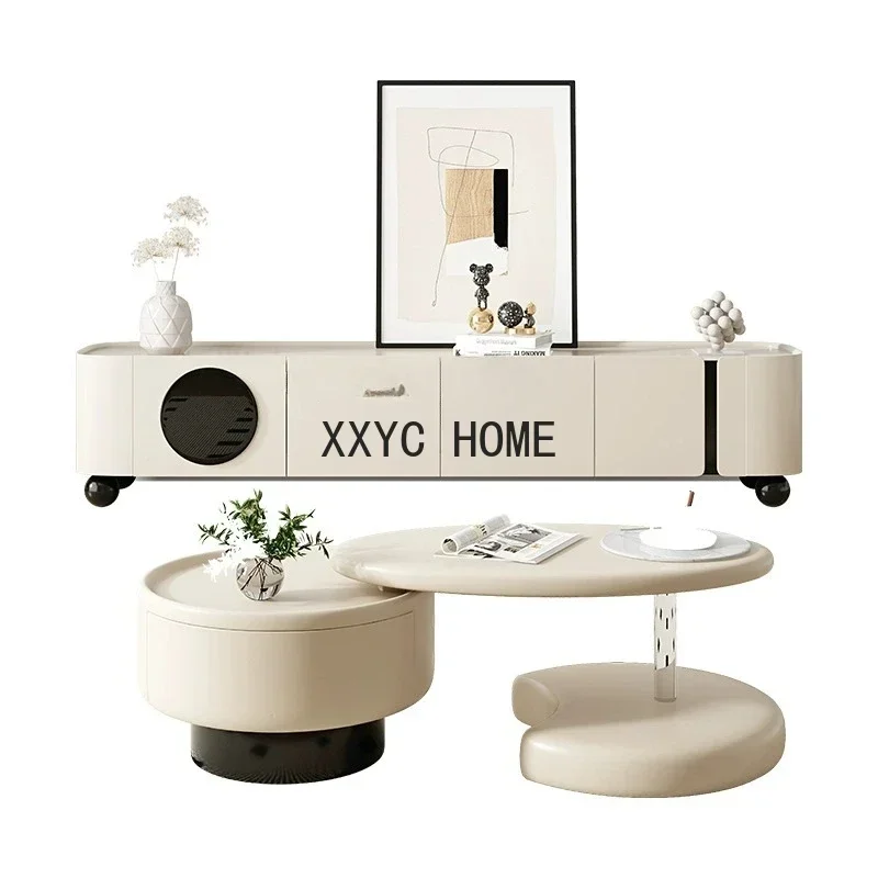 

French Cream Style Retractable Coffee Table TV Cabinet Combination round Acrylic Minimalist Creative Tea Table