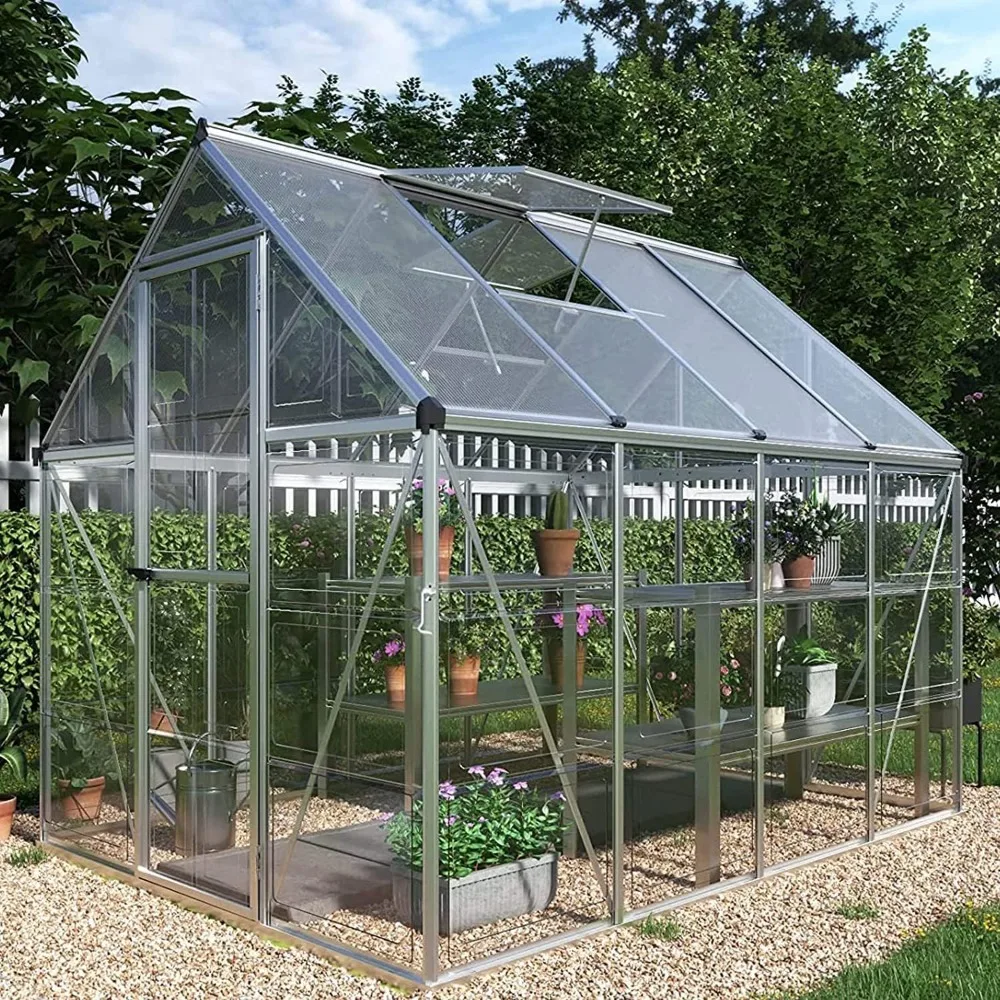 

6x8 FT Greenhouse,Hybrid Polycarbonate, 2 Vent Window with Lockable Hinged Door Walk-in Hobby Greenhouse, Aluminum Hot House