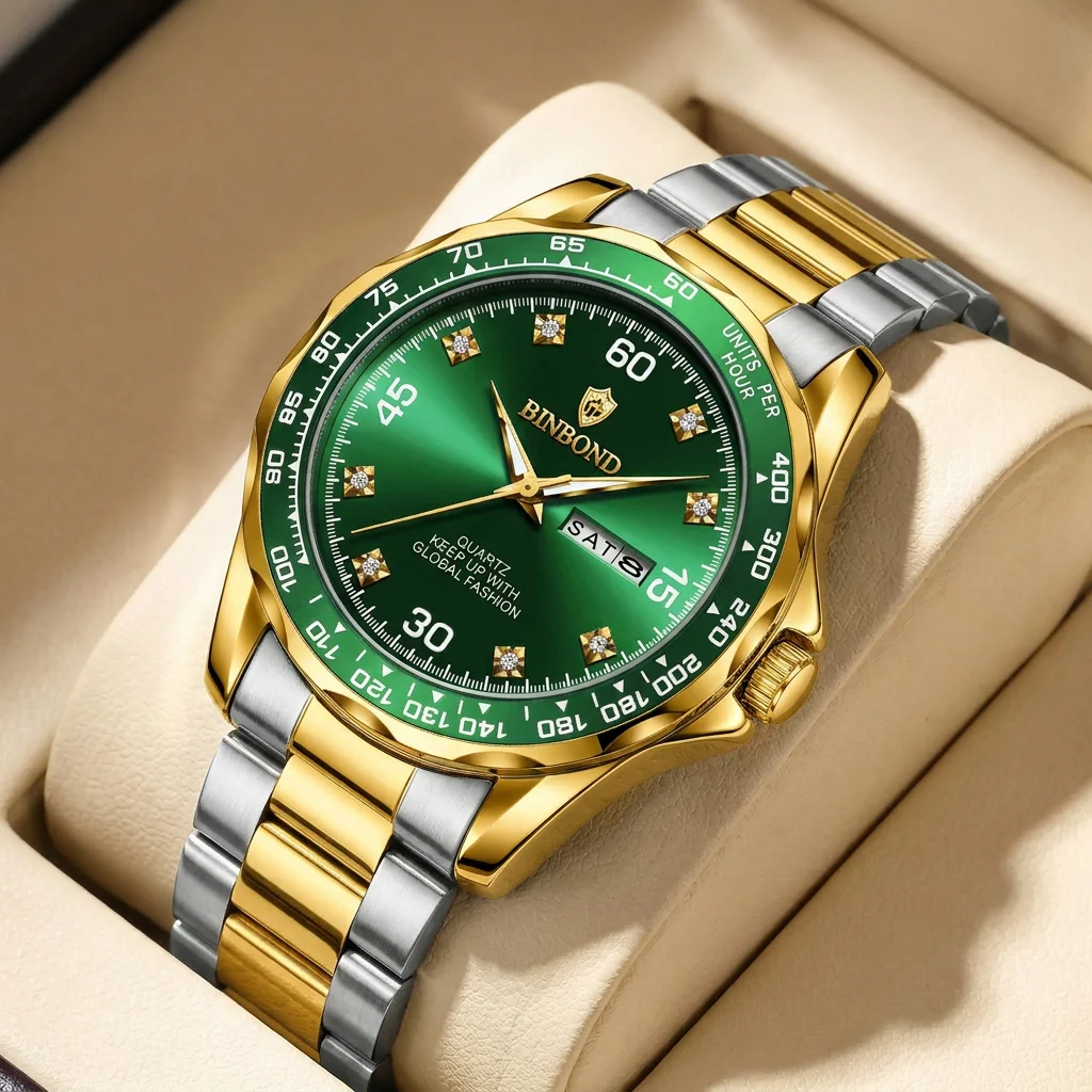 

1pcs men watch green dial double color metal strap quartz movement with date week display casual fashion daily wear styl