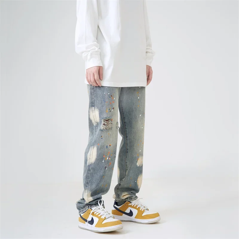 2024 New Splashing ink Ripped Jeans For Men Hip Hop Fashion Graffiti Holed Straight-leg Denim Trousers Y2k Streetwear Jean Pants