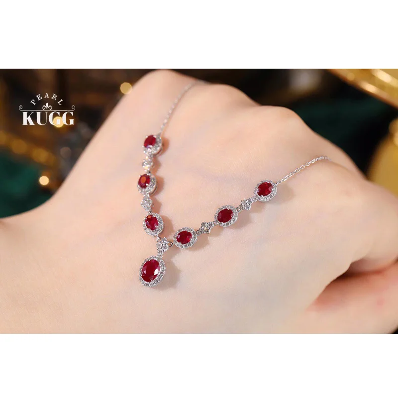 KUGG 100% 18K White Gold Necklace Luxury V-Shape Design Natural Diamond Natural Ruby Necklace for Women High Party Jewelry