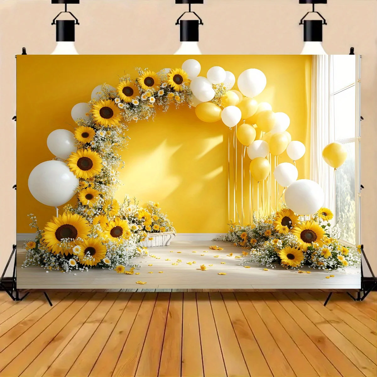 1 Stück gelbe Blumenbogenflagge mit Sonnenblumen und Luftballons – Kamerahintergrund aus Seide, Jubiläum und Party