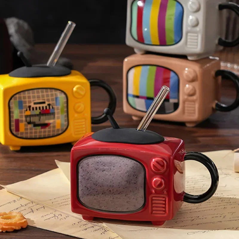 3D Television Coffee Mugs TV Shape Milk Beer Mugs with Cover Retro Funny Household Cup Drinkware Set  Cups with Lids and Straws