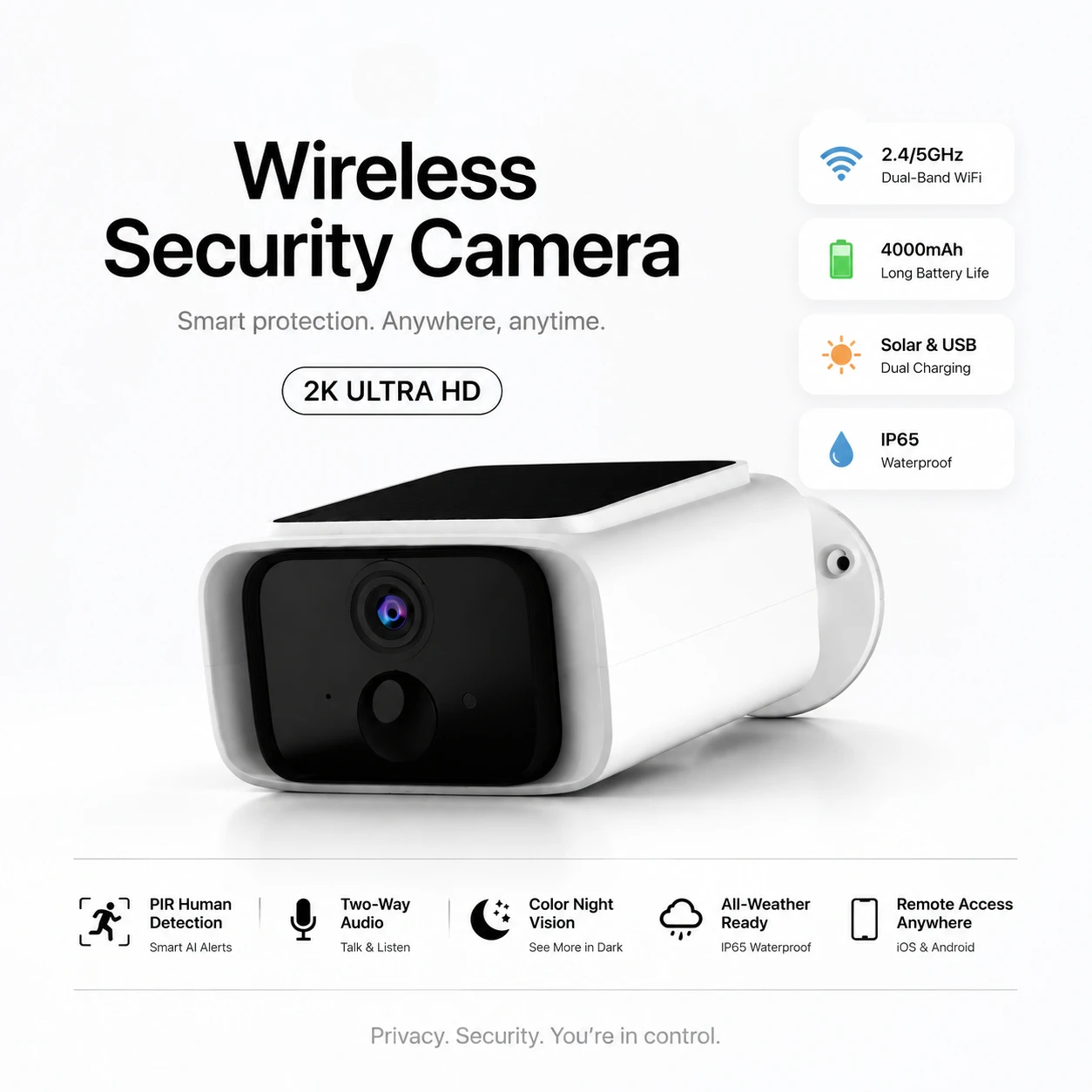 2K Solar Security Camera Outdoor Wireless WiFi Camera 2.4G 5G Dual Band with Fixed Solar Panel Two Way Audio Waterproof CCTV