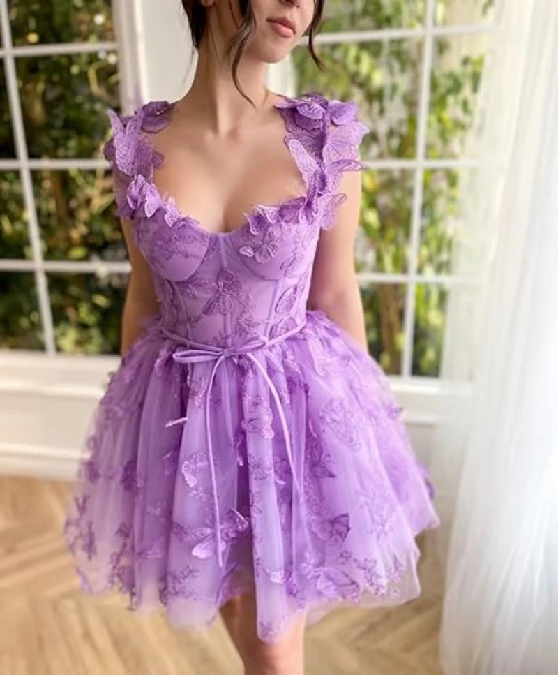 

3D Butterflies Tulle Homecoming Dress Laces Applique Short Prom Dress A Line Cocktail Party Gowns