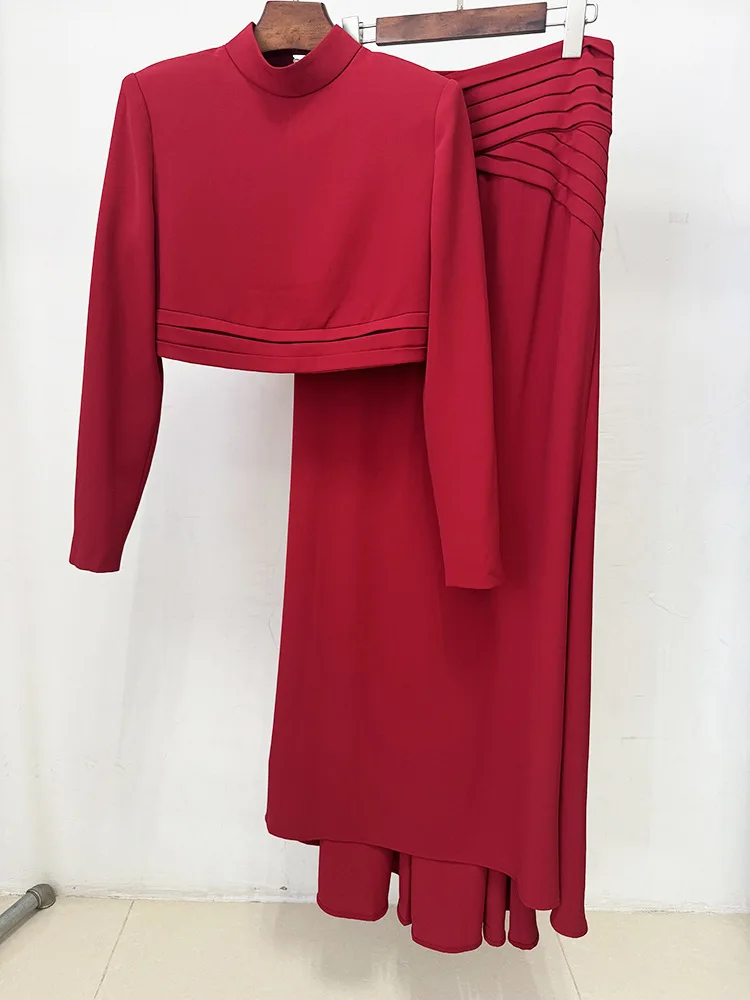 2026 Women Celebrity Sexy Long Sleeve Turtleneck Ruched Max 2 Piece Sets Elegant Evening Club Party Outfits