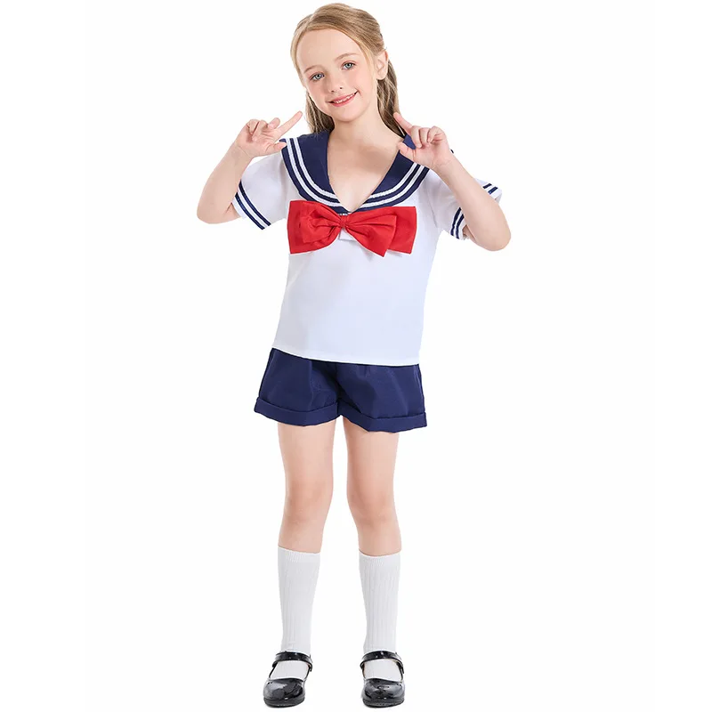 

Girls Halloween Student Uniform Costume Kids Children Navy Sailor Cosplay Purim Carnival Parade Stage Show Role Play Party Dress