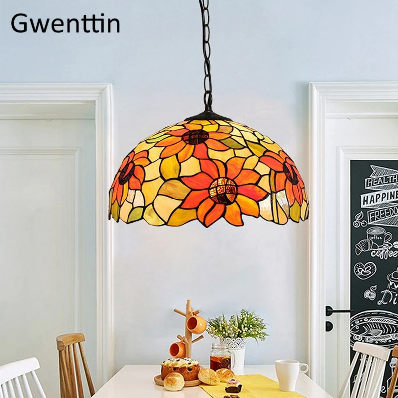 Sunflower Pendant Light Tiffany Stained Glass Hanging Lamp Dining Room Kitchen Lighting Fixture Modern Home Decor Loft Luminaire