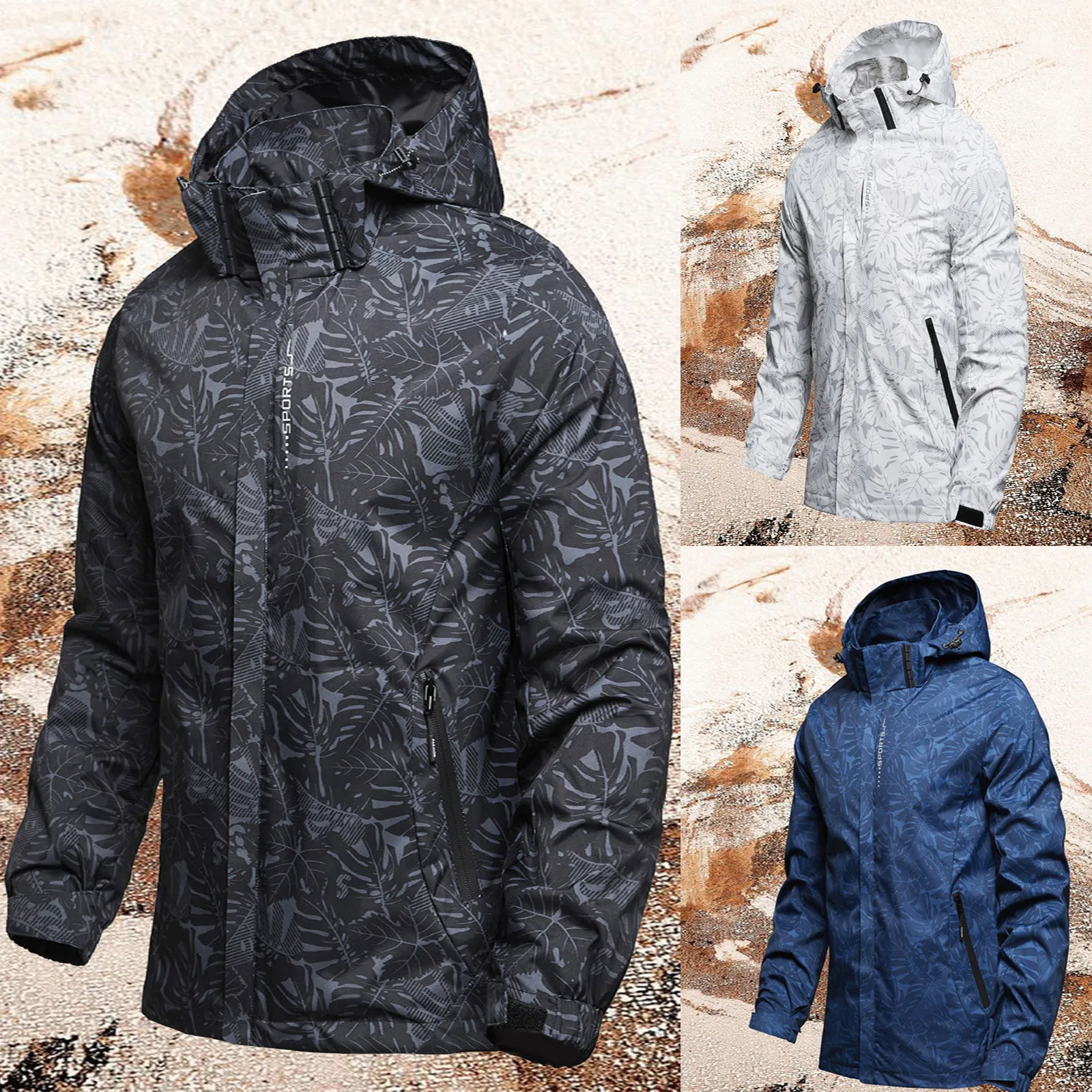 Men's Outdoor Punching Jacket Hiking Clothing Texture Sports Excursion Trend Leisure Mens Zip Jacket with Hood Winter Clothes