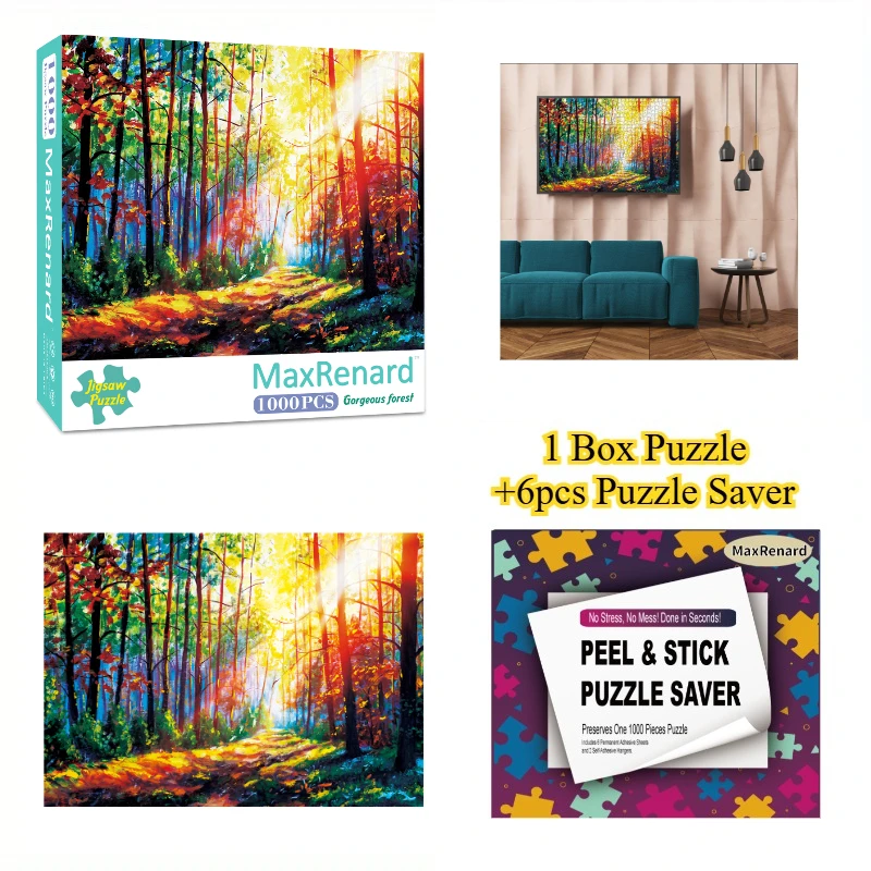 

Набор пазлов: 1 коробка с пазлом на 1000 элементов и 1 набор из 6 пазлов-головоломок с изображением леса для взрослых, 1000 деталей.