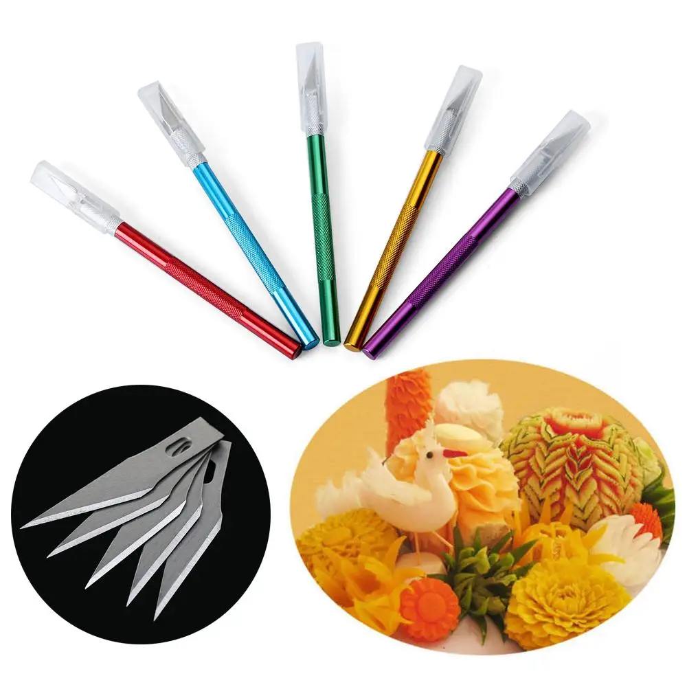 1Pc Pastry Carving Knife Metal Handle Non-Slip Knife with 6 Pcs Blade Scalpel Cutter Engrave Multi-color Craft Carve Tool