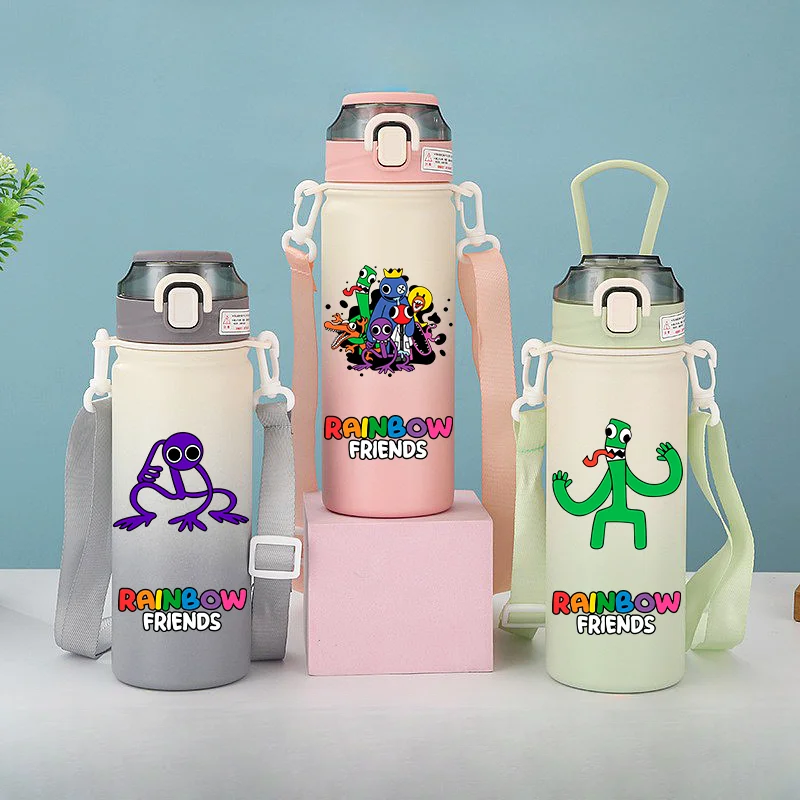 Bottiglia d'acqua in acciaio inossidabile con cartoni animati Rainbow Friends da 600 ml Bottiglia d'acqua portatile a prova di perdite Tazza d'acqua isolata per sport all'aria aperta