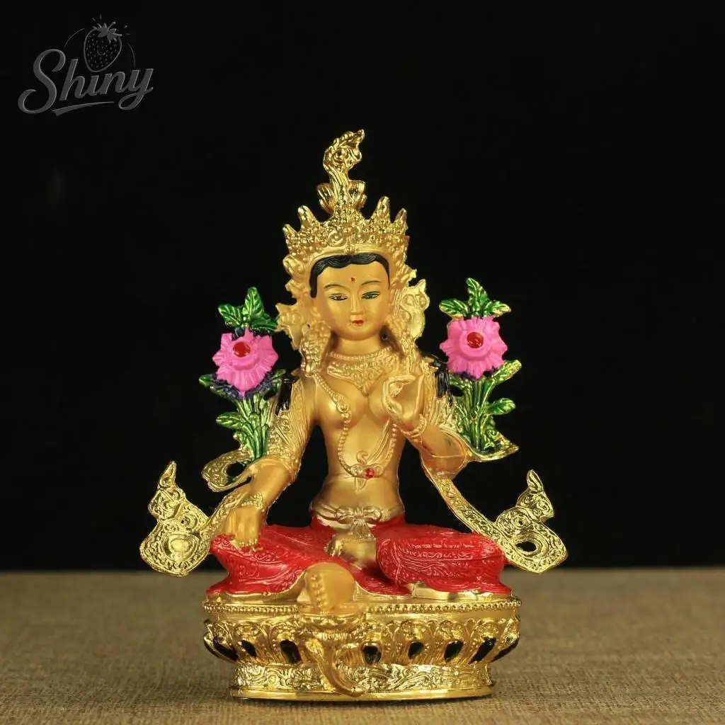 

Buddhist Alloy Metal Exquisite Colored Efficacious Tibetan Bodhisattva Green Tara Buddha Gilding Statue Putting Decorations
