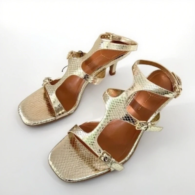 

Metal Buckle Strap High Heels Women Gladiator Sandals Open Toe Gold Snake Skin Pattern Summer Footwear Brand Casual Lady Shoes