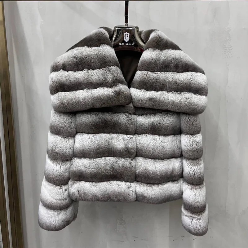 Women\'s Winter Real Rex Rabbit Fur Short Coat Long Chinchilla Fur Jacket Warm Natural Fur Luxury Female Coat