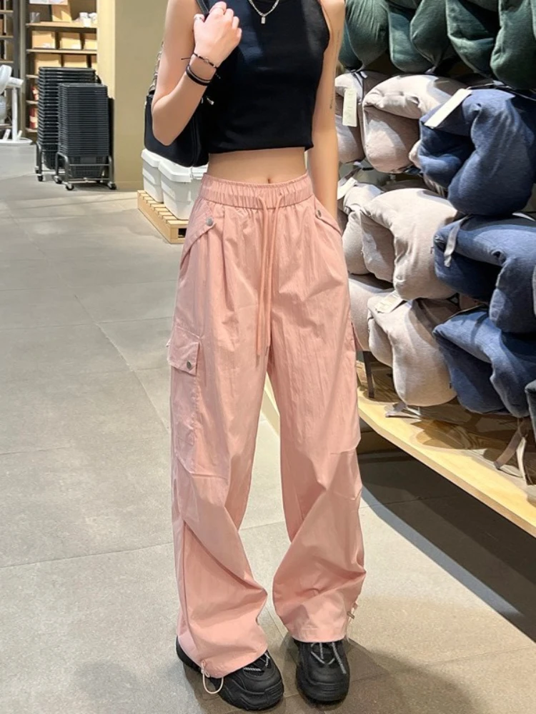 Damskie spodnie parachute cargo w stylu amerykańskim, szare, sportowe, z szerokimi nogawkami, z wysokim stanem, idealne na wiosnę i jesień, do wspinaczki i na co dzień.