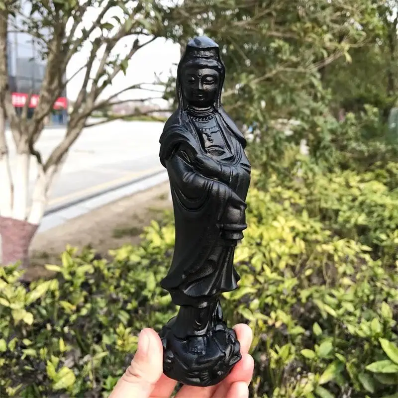 

18CM Natural Black Obsidian Goddess Guanyin Statue Carving Buddhism Home Decoration Healing Fengshui Gemstone Gift 1PCS