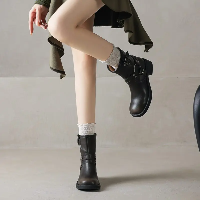 Women's Genuine Leather Motorcycle Ankle Boots - Buckle Mid Heel