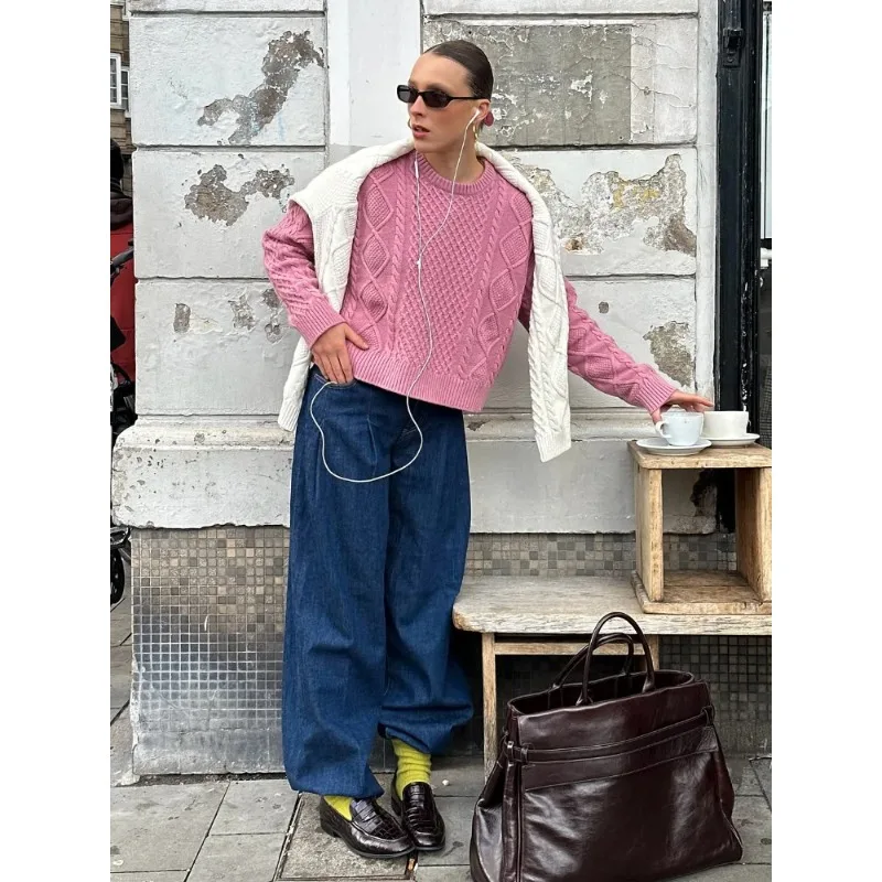 

Sweet Pink Fine-knit Sweater Women Elegant Round Neck Long-sleeved Loose Kintted Pullovers Lady Daily Commute Office Pullover