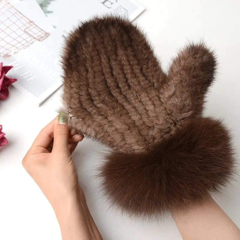 Real Mink Fur Glove Luxury Women Natural Mink Mittens Fox Fur Trimming Ladies Mitten Elastic Hand Made Fingerless Gloves Women