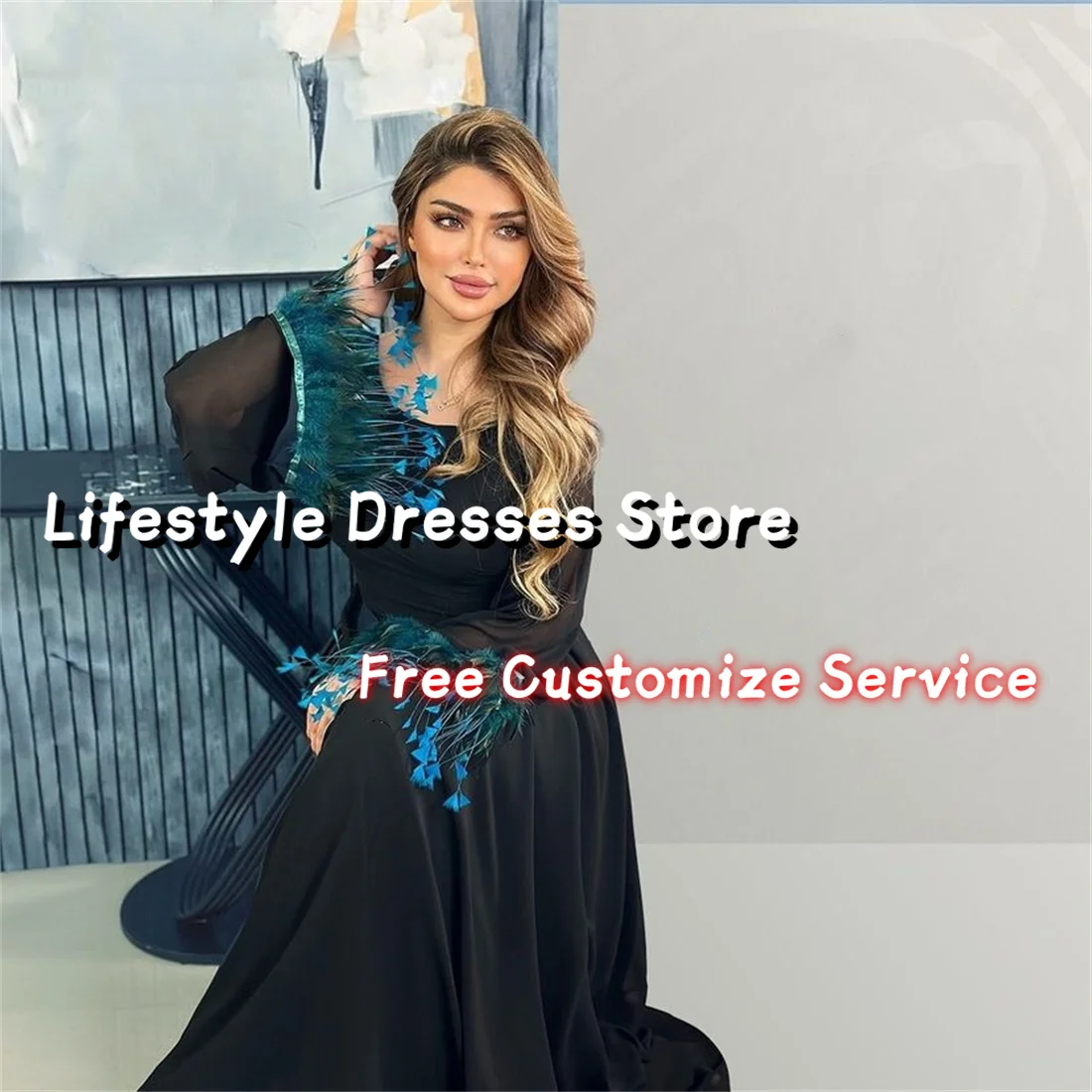 

Feathers Long Flare Sleeve Prom Dresses A-Line Saudi Arabia Black Chiffon Party Dresses 2024 Women Elegant Formal Dress