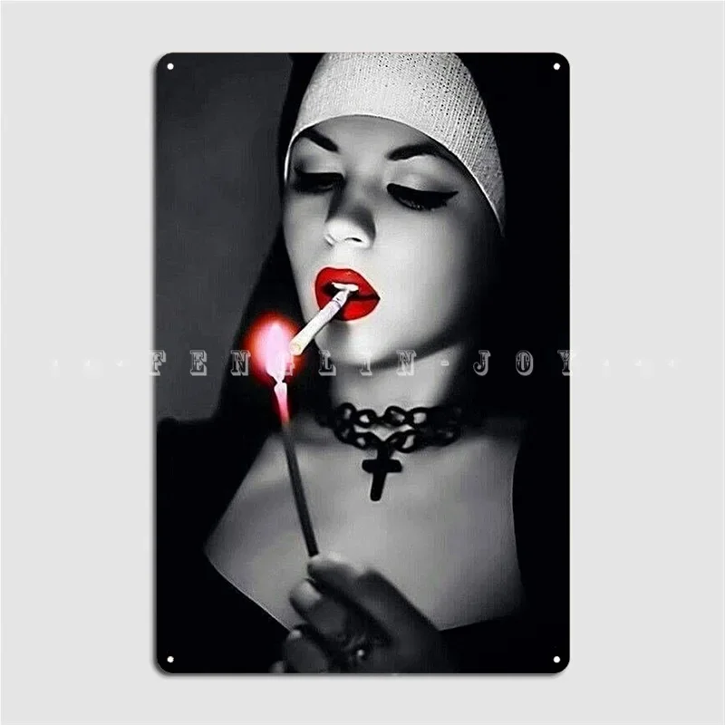 Black And White Sexy Nun Smoking Cigarette Metal Sign Wall Decor Kitchen Club Party Custom Tin Sign Poster