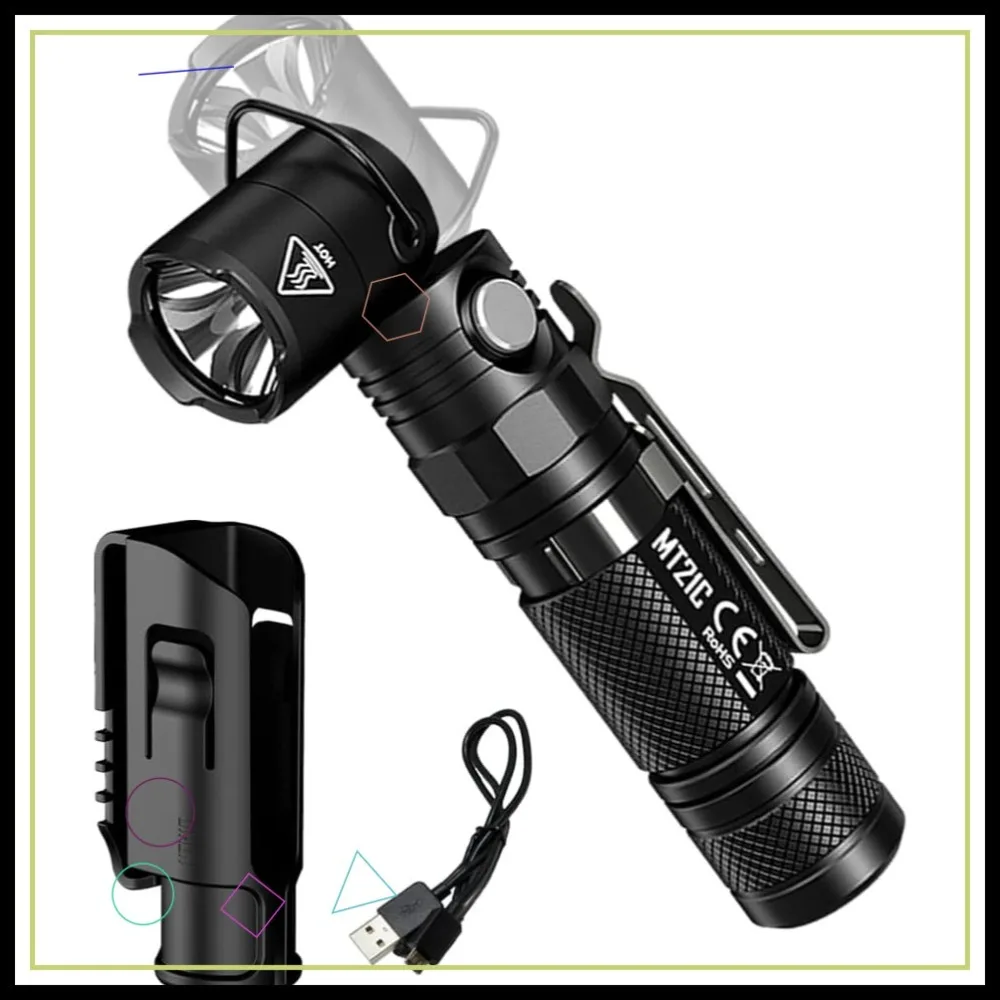 

1000 Lumen Right Angle LED Flashlight, 90 Degree Tiltable Head, USB Rechargeable with Holster