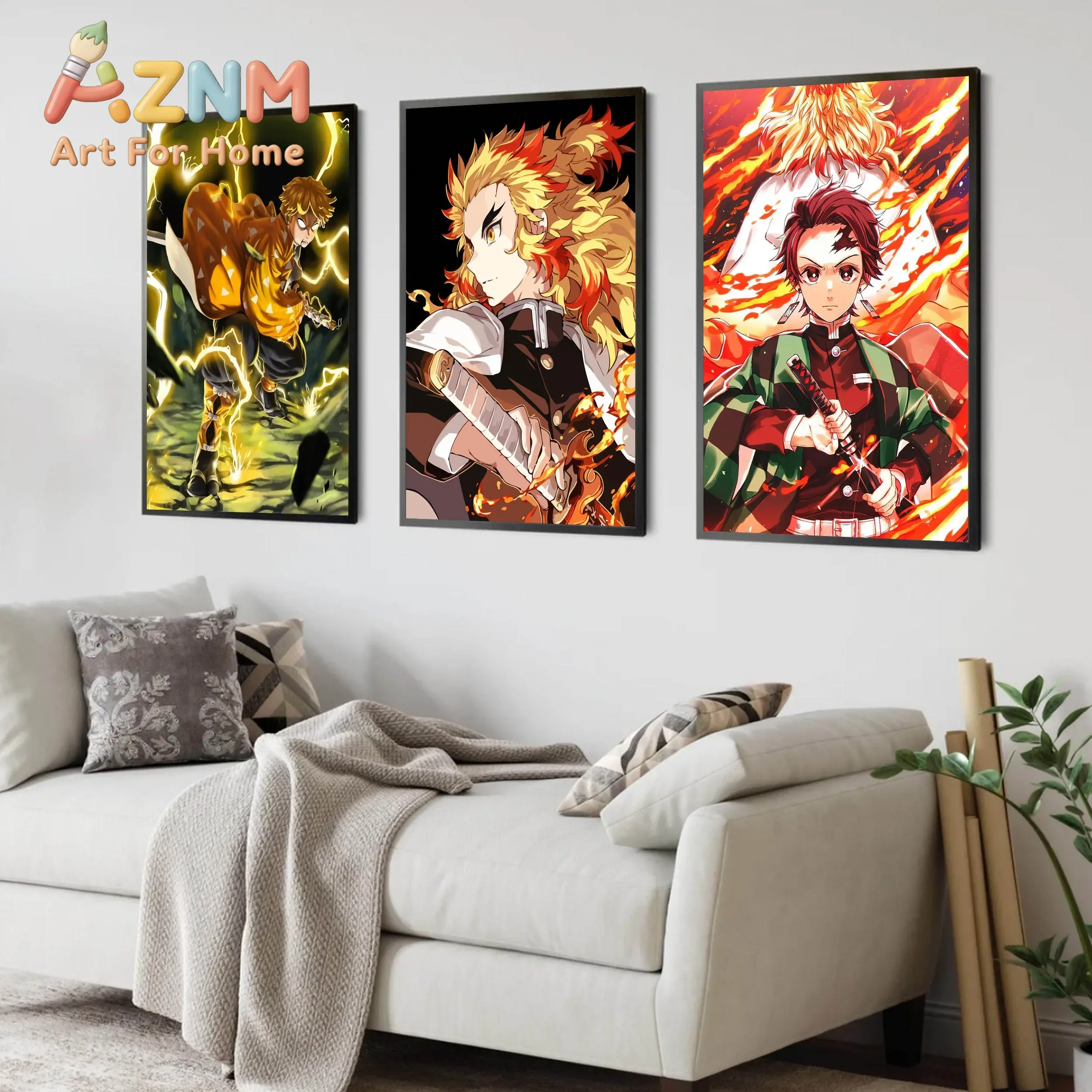 AZNM Demon Slayer Anime Canvas Wall Art Tanjiro Nezuko Zenitsu Giyu Manga Collage Canvas Print Bedroom Wall Decor Poster