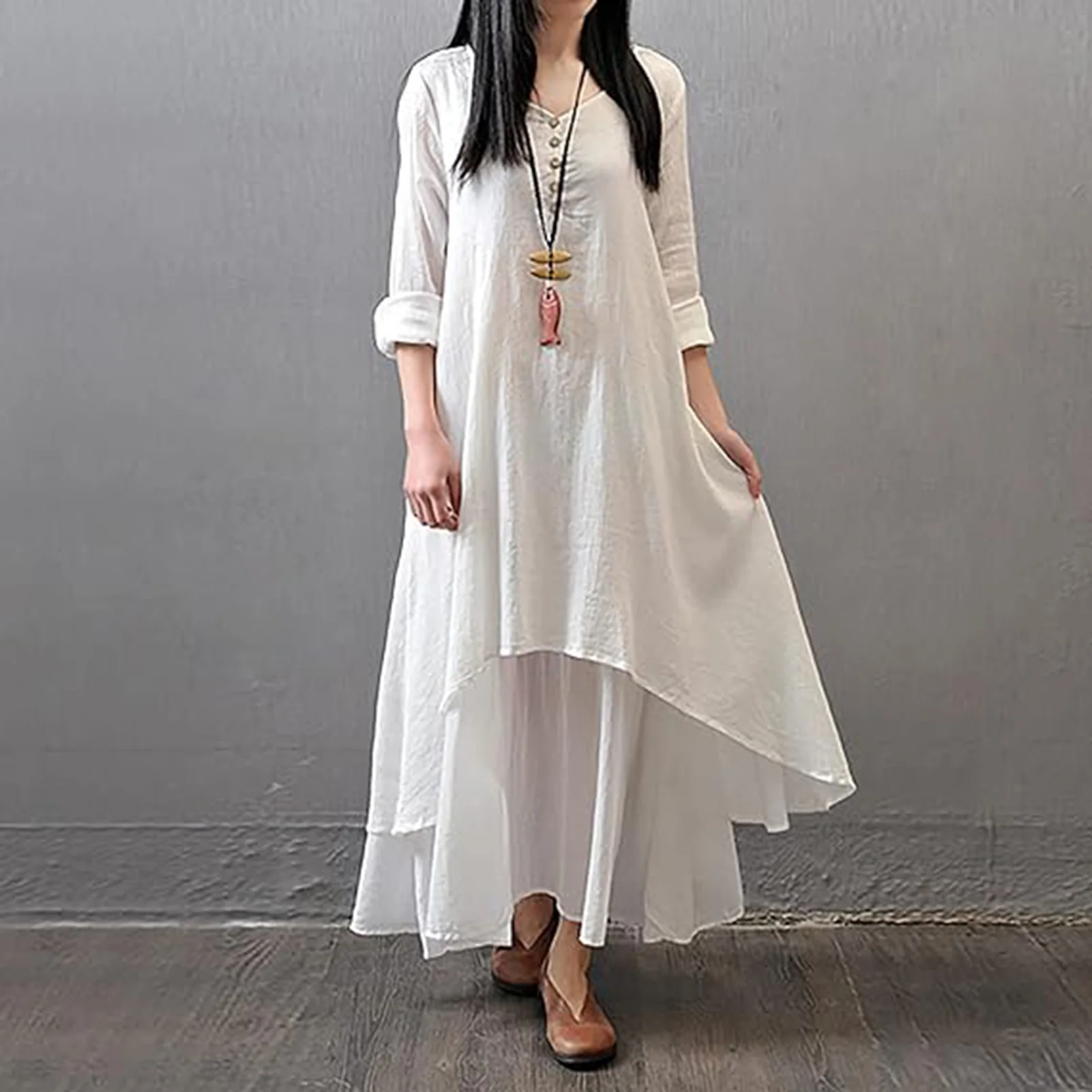 ไม่สม่ําเสมอฤดูร้อนชุดยาวผ้าฝ้ายลินินชุดลําลองผู้หญิง 2025 ใหม่หลวม Maxi ชุด Sundress วันหยุดเสื้อผ้าสําหรับสตรี