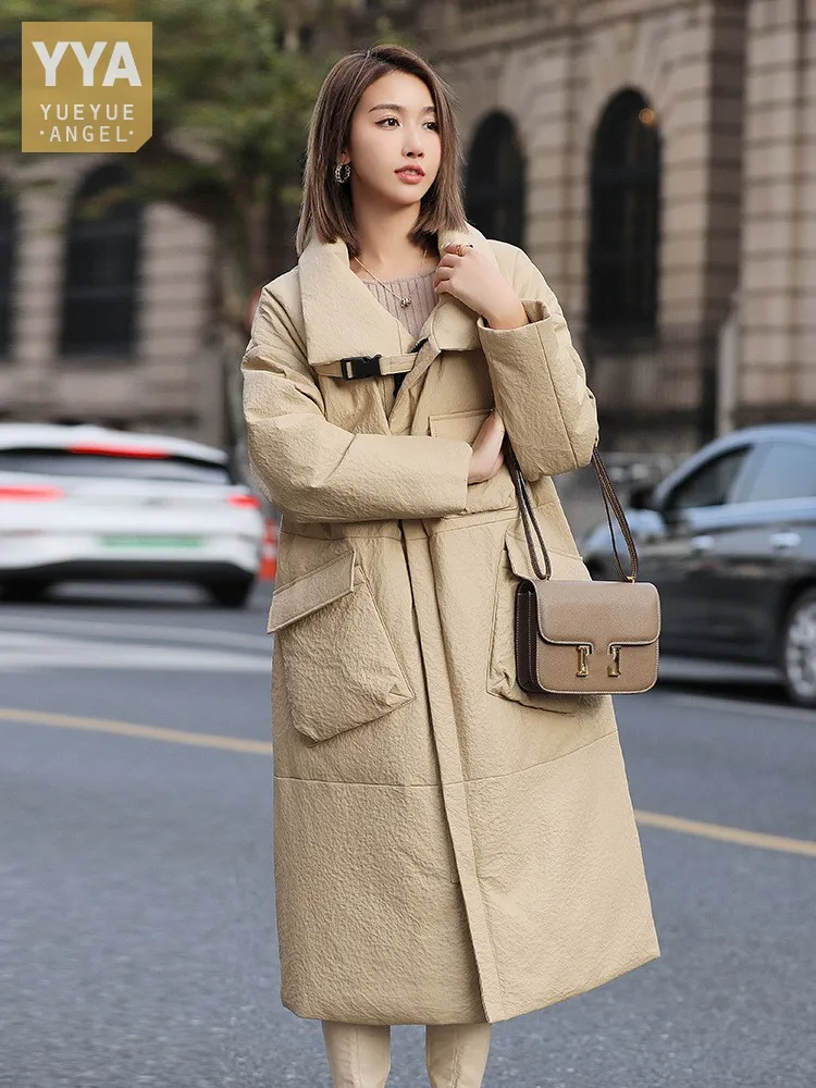 Winter Women Genuine Leather Down Jacket Thick Warm Long Overcoat Pockets Female Natural Sheepskin Loose Fit Windproof Trench