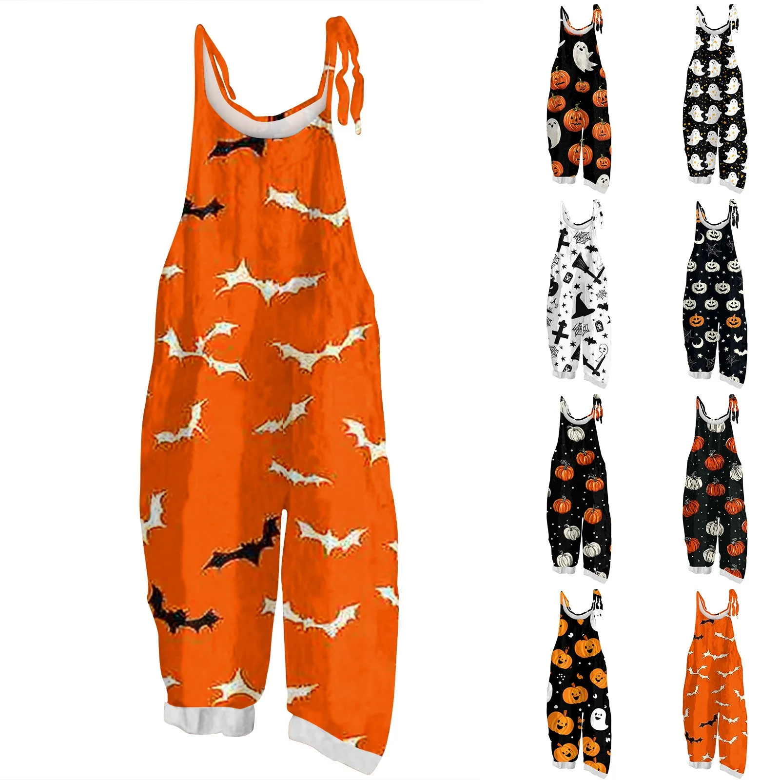 

Popular Solid Color Women Printed Halloween Style Jumpsuit High Quality Fashion Floral Retro Overalls Casual Halter Onesie Pants