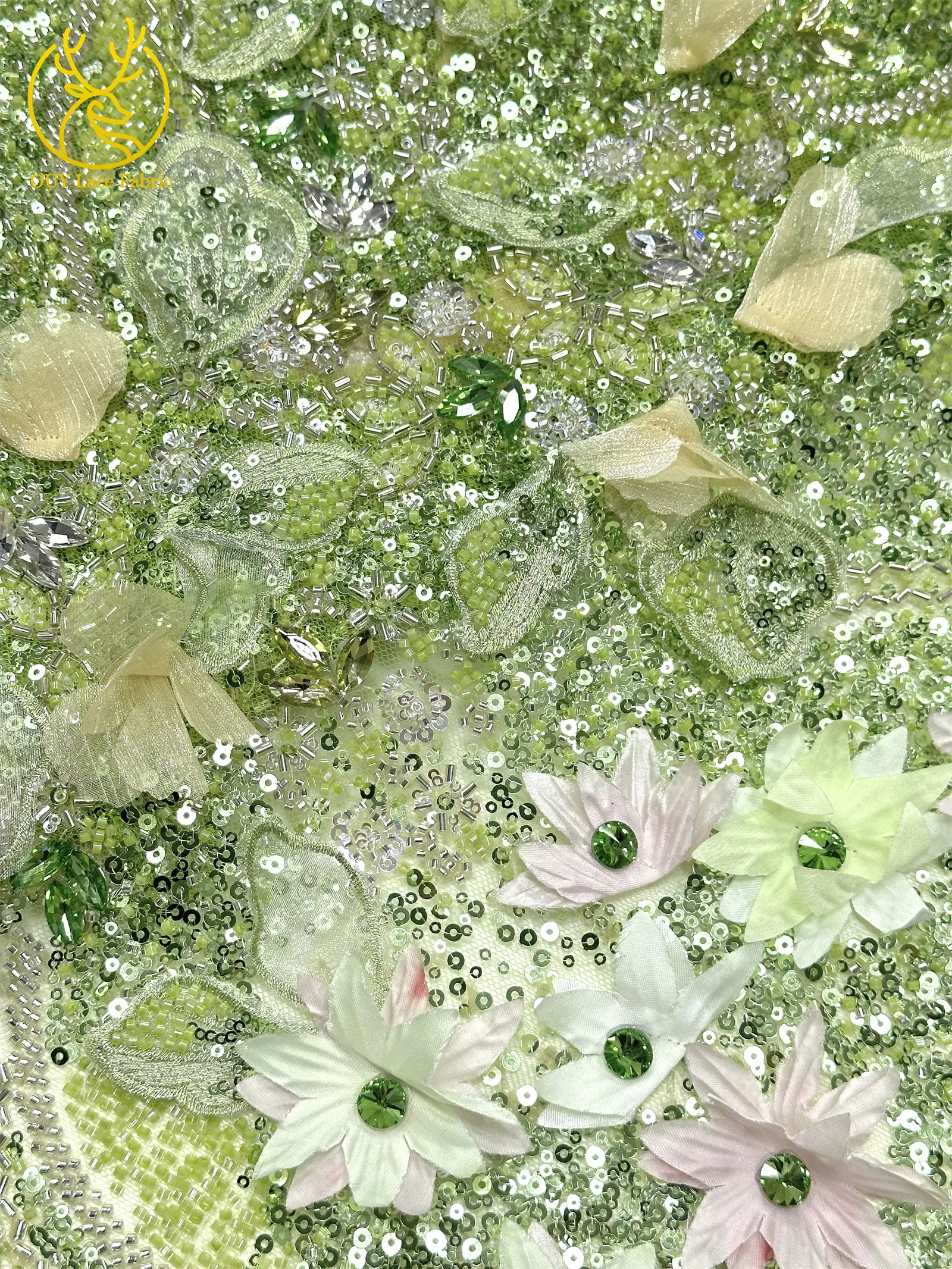 Hochwertiger luxuriöser französischer Edelstein-Perlenstickerei-3D-Blumen-Afrikanischer-Pailletten-Spitzenstoff für DIY handgefertigtes Hochzeitskleid. – Detail 21